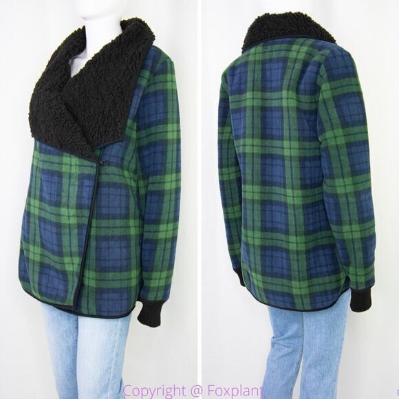 NWT JACHS Girlfriend green blue plaid Buffalo Sherpa jacket, size M - Picture 3 of 16